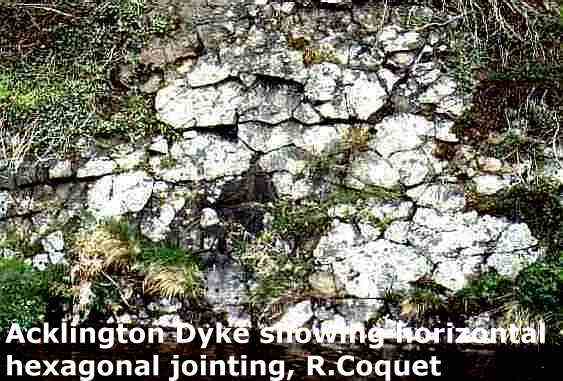 Description: Description: Description: Description: Tertiary Acklington Dyke, River Coquet, Cheviot Hills, Northumberland. Being a dyke, the cooling joints are horizontal.